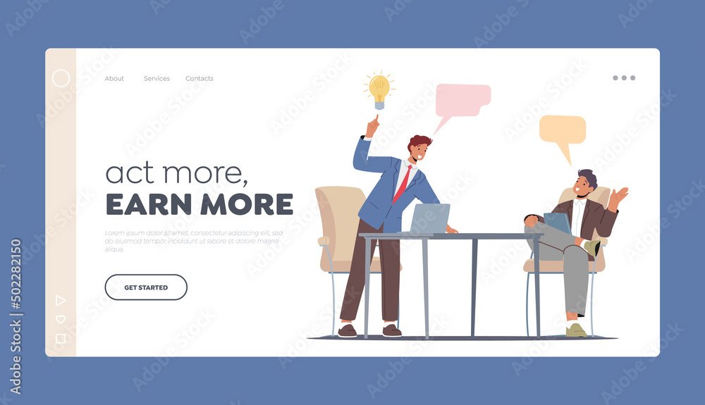 Business People Brainstorm Cooperation Landing Page Template. Businessmen Colleagues Characters with Laptop Sit at Desk Business People Brainstorm Cooperation Landing Page Template. Businessmen Colleagues Characters with Laptop Sit at Desk
