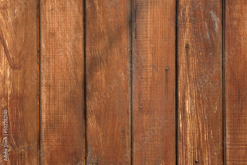 Wooden brown boards background. Old fence boards at home. Rough board surface. Grunge wood background. Old wood painted floor.