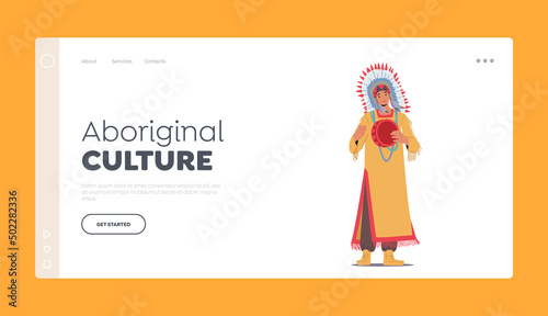 Aborigonal Culture Landing Page Template. Indian American Chief in Tribal Headwear with Feathers Play Tambourine