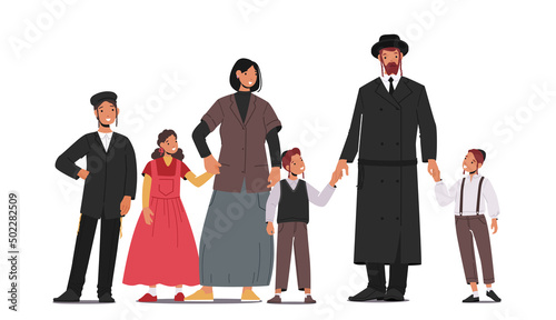 Traditional Jewish Family, Orthodox Jew Parents and Children Characters. Israel People Mature and Young Generations photo