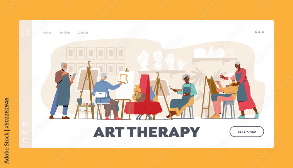 Art Therapy Landing Page Template. Old Men and Women Learn Drawing in Studio. Elderly Characters Sit at Easel Art Therapy Landing Page Template. Old Men and Women Learn Drawing in Studio. Elderly Characters Sit at Easel