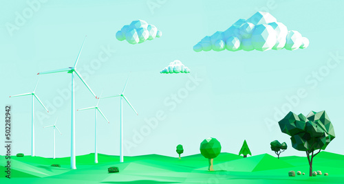 Spring landscape with windmills in the green field and surrounded by nature. Alternative and renewable energy sources concept. 3d illustration.