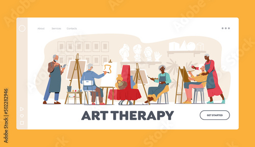 Art Therapy Landing Page Template. Old Men and Women Learn Drawing in Studio. Elderly Characters Sit at Easel