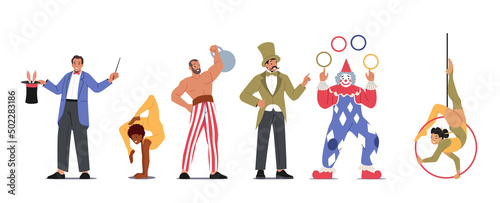 Set Circus Artists Characters. Magician with Rabbit, Gymnast and Acrobat, Strongman with Dumbbell, Ringmaster and Clown