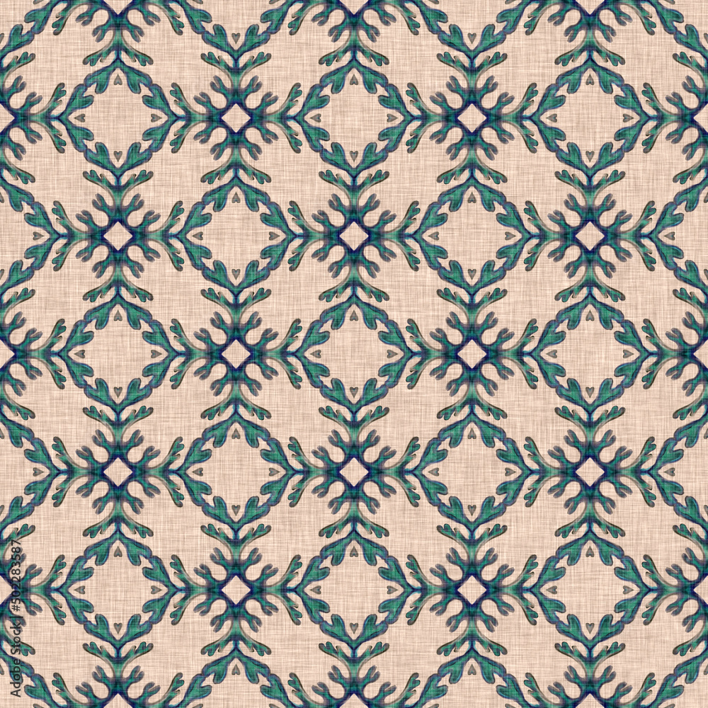 Coastal coral reef geometric quilt style linen pattern. Seamless marine fabric effect background for nautical home decor. Natural kelp geo damask in hand drawn watercolor tile print. Coastal coral reef geometric quilt style linen pattern. Seamless marine fabric effect background for nautical home decor. Natural kelp geo damask in hand drawn watercolor tile print.