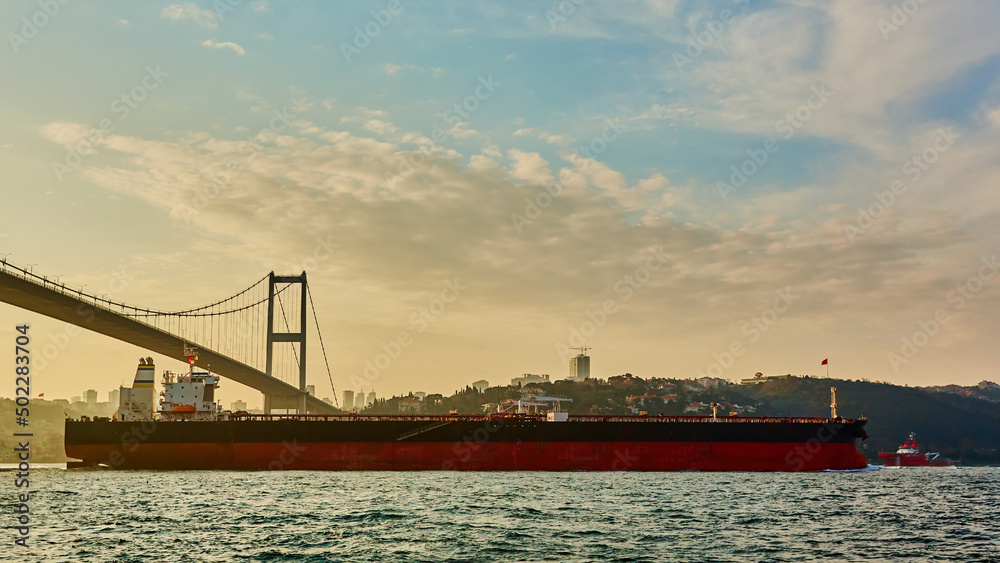 Cargo ship tanker in Bosphorus Strait about to pass under Bosphorus bridge