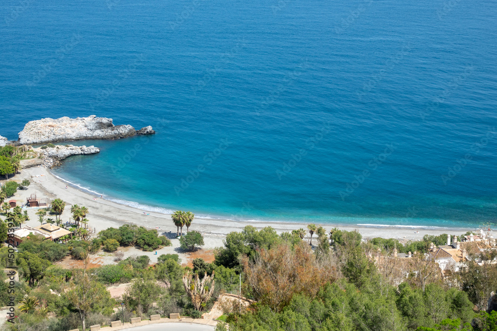 Elevated view of the beaches and coves of Almuñécar (Granada, Spain) on the Mediterranean coast of Andalusia