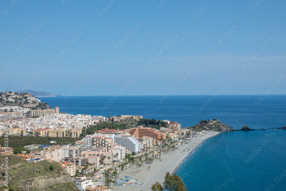 Elevated view of the beaches and coves of Almuñécar (Granada, Spain) on the Mediterranean coast of Andalusia
