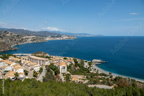 Elevated view of the beaches and coves of Almuñécar (Granada, Spain) on the Mediterranean coast of Andalusia