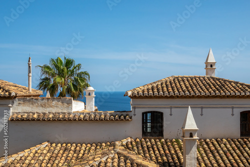 View of the Mediterranean sea between palm trees and the roofs of a white house © Miguel Ángel RM