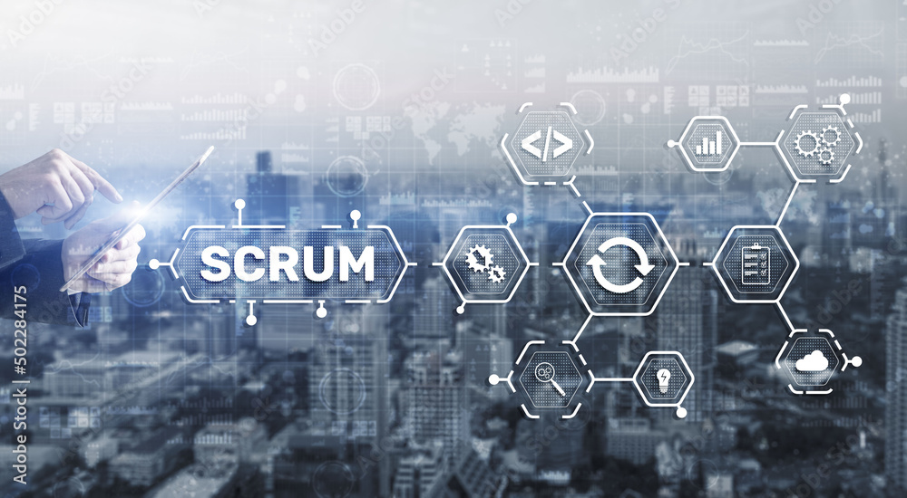 SCRUM. Hand presses the inscription scrum on a virtual panel. Agile development methodology SCRUM. Hand presses the inscription scrum on a virtual panel. Agile development methodology
