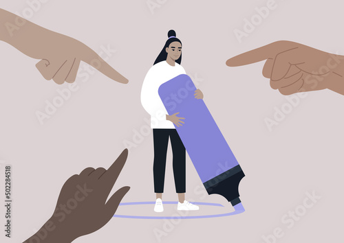 Pointing fingers of haters, Bullying,  Racism, and sexism, A collective crowd aggression in modern society and ways of coping with it, A young character drawing a circle around them with a highlighter