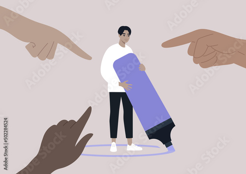 Pointing fingers of haters, Bullying,  Racism, and sexism, A collective crowd aggression in modern society and ways of coping with it, A young character drawing a circle around them with a highlighter