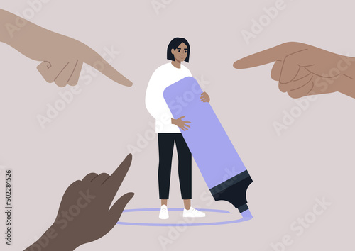 Pointing fingers of haters, Bullying,  Racism, and sexism, A collective crowd aggression in modern society and ways of coping with it, A young character drawing a circle around them with a highlighter