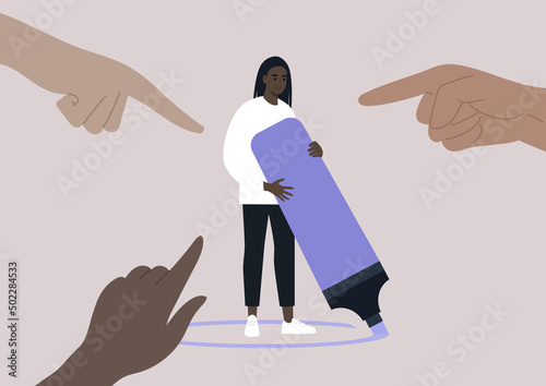 Pointing fingers of haters, Bullying,  Racism, and sexism, A collective crowd aggression in modern society and ways of coping with it, A young character drawing a circle around them with a highlighter