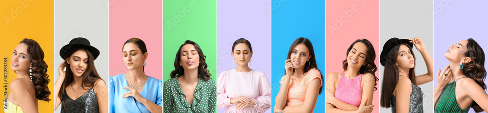 Set of fashionable young women with glitters on body against colorful background Set of fashionable young women with glitters on body against colorful background