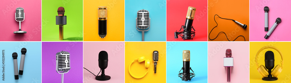Set of different microphones on colorful background - obrazy, fototapety, plakaty 