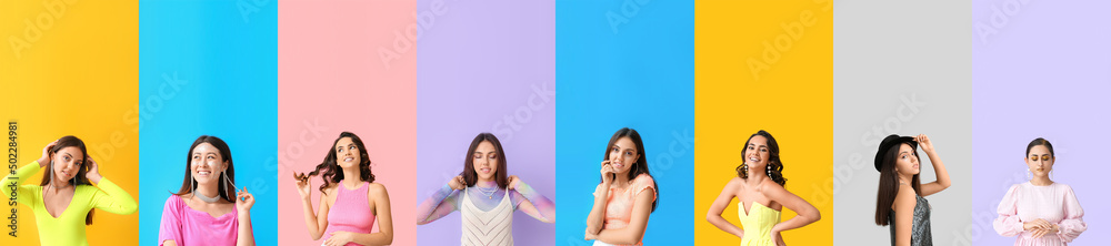 Set of fashionable young women with glitters on body against colorful background Set of fashionable young women with glitters on body against colorful background