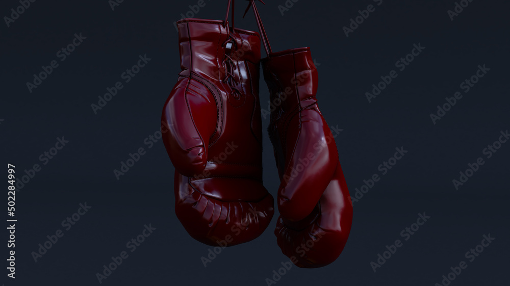 Hanging boxing gloves isolated on black background, 3D render
