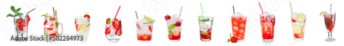 Set of fresh strawberry lemonades on white background