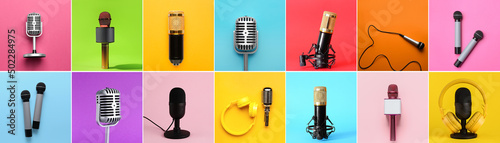 Foto Set of different microphones on colorful background