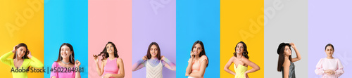 Set of fashionable young women with glitters on body against colorful background