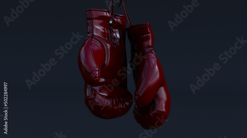 Hanging boxing gloves isolated on black background, 3D render