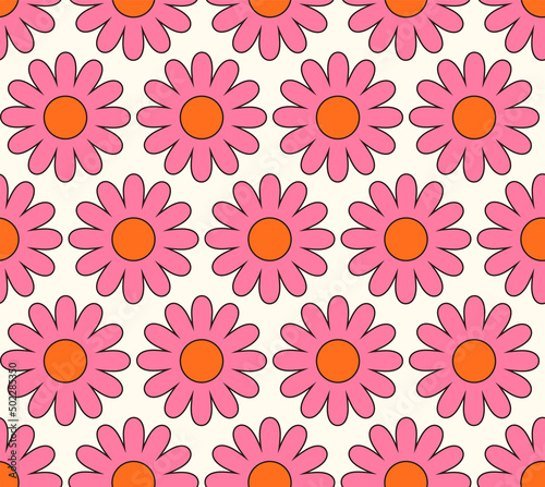 Cute cartoon groovy seamless pattern. 70s retro nostalgic textile design. Vintage geometric flowers 60s hippie style background. Floral checkerboard grid funny print.