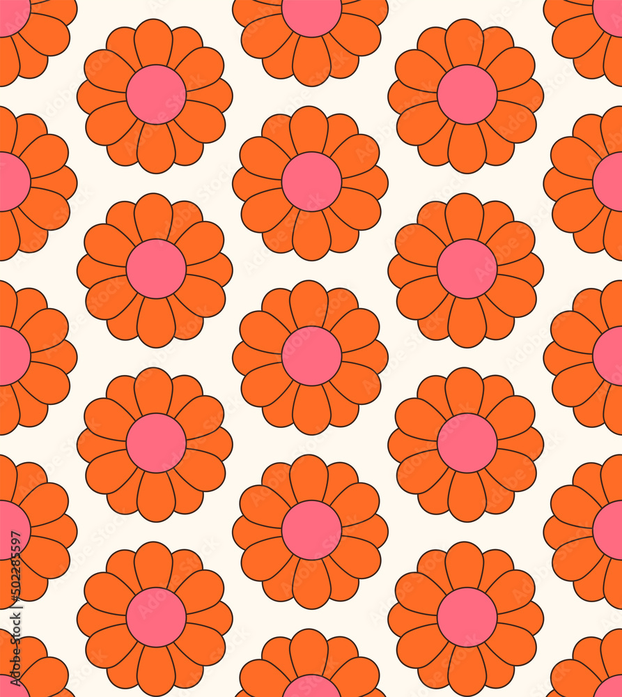 Cute cartoon groovy seamless pattern. 70s retro nostalgic textile design. Vintage geometric flowers 60s hippie style background. Floral checkerboard grid funny print.
