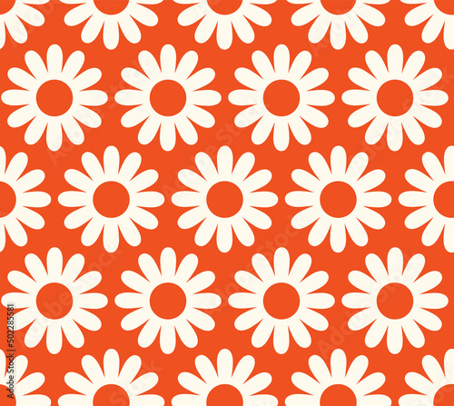 Cute cartoon groovy seamless pattern. 70s retro nostalgic textile design. Vintage geometric flowers 60s hippie style background. Floral checkerboard grid funny print.