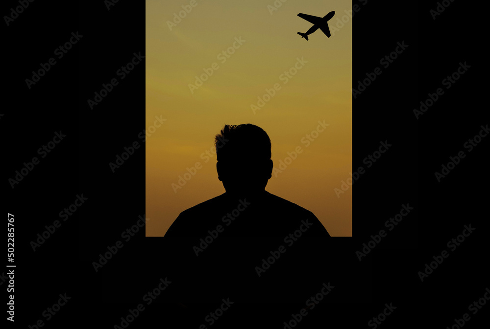 man alone looking at the plane through the window and silhouette