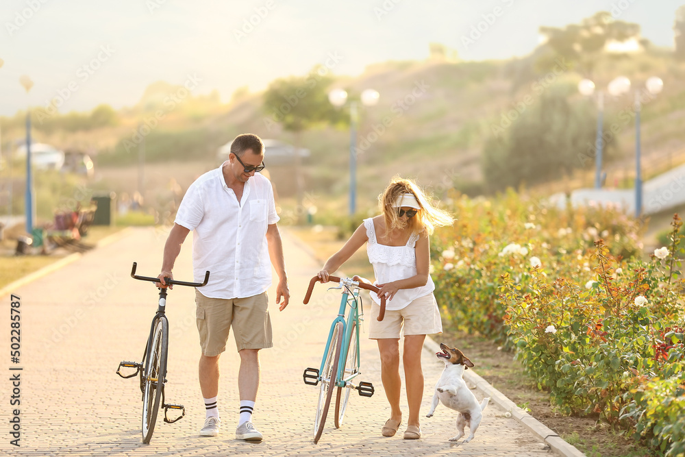 Mature couple with bicycles and dog walking in city park on summer day Mature couple with bicycles and dog walking in city park on summer day