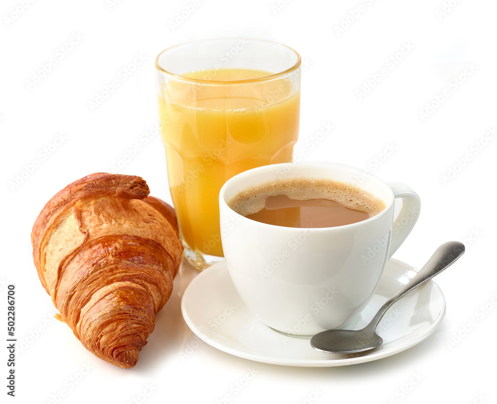 coffee with milk, croissant and orange juice coffee with milk, croissant and orange juice