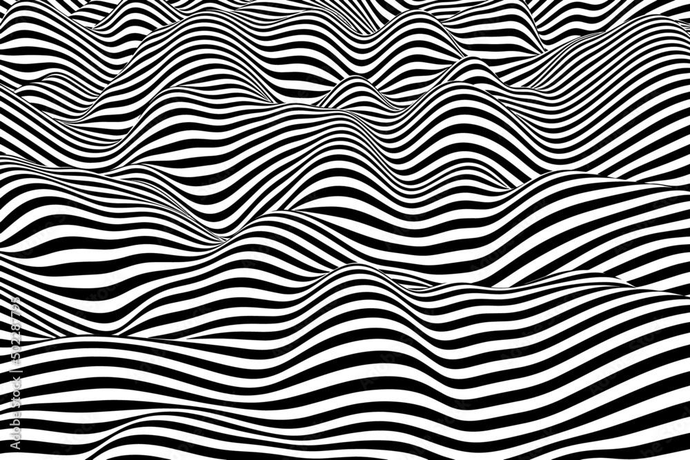 Monochrome wavy wallpaper surface. Black and white curved lines background design. Trendy wave folds pattern texture Monochrome wavy wallpaper surface. Black and white curved lines background design. Trendy wave folds pattern texture