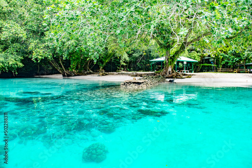 Clear water and white sand beach, Ngchus is the most beautiful in the Rock island southern lagoon, Koror, Palau