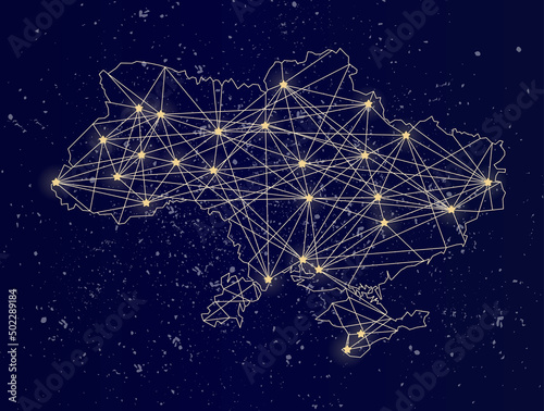Glowing map of Ukraine on the night sky