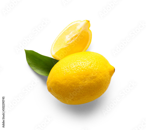 Lemons with leaf on white background