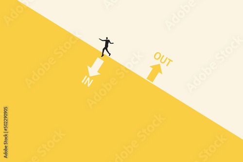 Business opportunity or career success vector concept with man walking gate in. Symbol of courage, ambition, having a goal, inspiration.