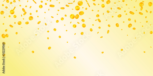 Korean won coins falling. Incredible scattered WON coins. Korea money. Immaculate jackpot, wealth or success concept. Vector illustration.