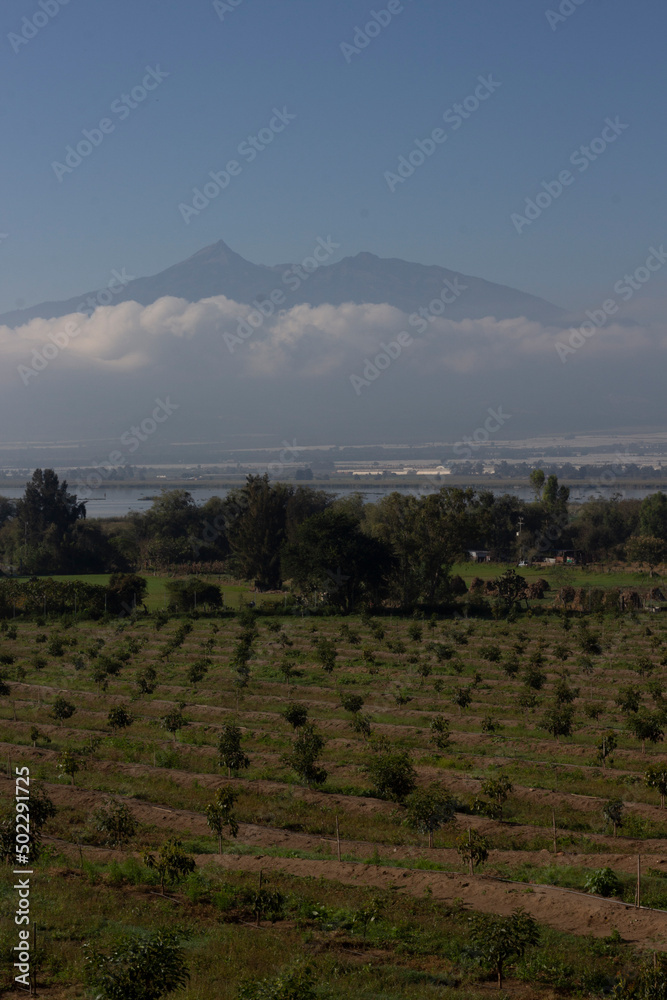 Agricultural landscape with cloudy mountain in the background