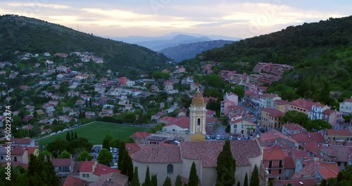 Wallpaper Mural Aerial Forward Beautiful Shot Of Church In Town On Mountains - Monaco Torontodigital.ca