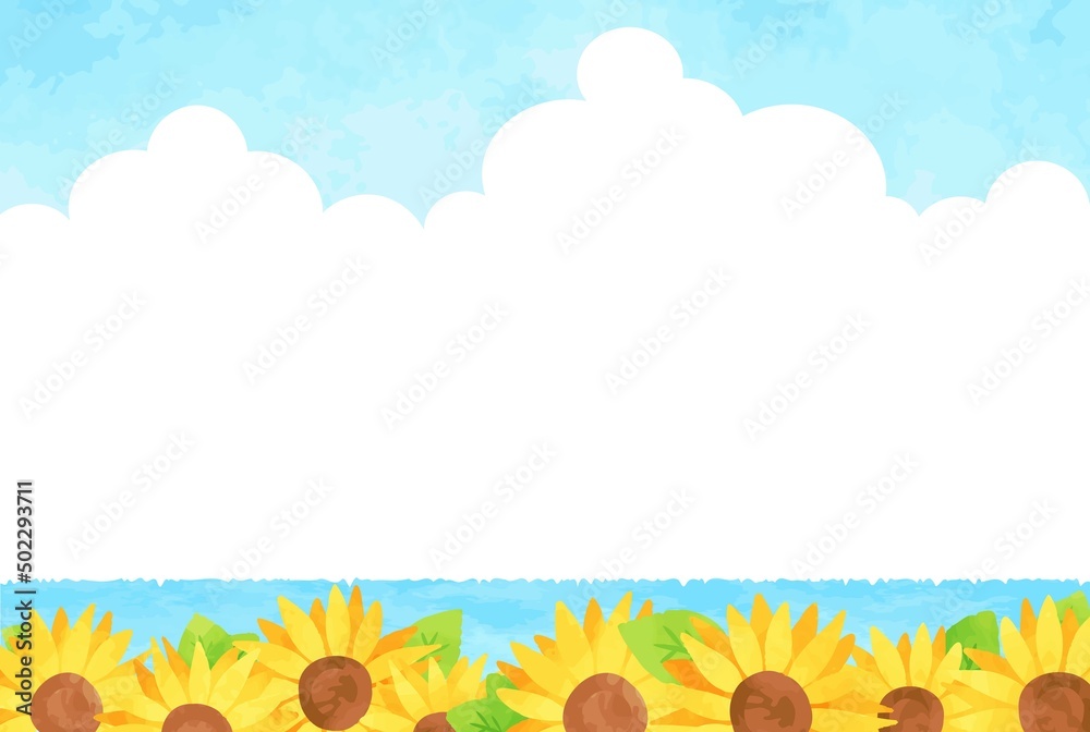 綺麗な海と青空とひまわりの風景イラスト