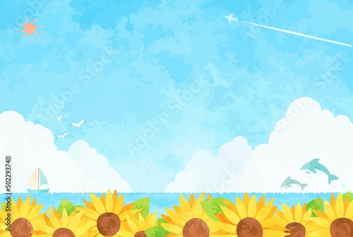 爽やかな青空とひまわりと海の風景イラスト