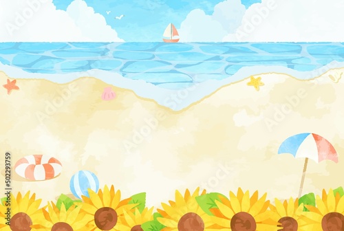 優しい手描きのビーチとひまわりの風景イラスト