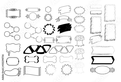 The set of banners, frames and text areas hand drawn in vector. Design elements in sketch style.