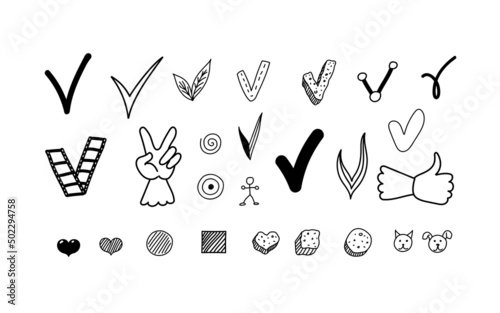 The set of ticks and markers hand drawn in vector. Design elements in sketch style.