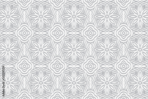 Vintage embossed white background, trendy modern cover design. Geometric 3D pattern, artistic ethnic texture for design and decor. Motives of the East, Asia, India, Mexico, Aztecs, Peru.