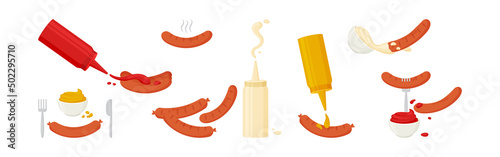 Sausage and sauce vector icon. Bbq sauce, mustard, myonnaise, ketchup bottle and bowl. Grill hot food isolated on white background. Tasty illustration