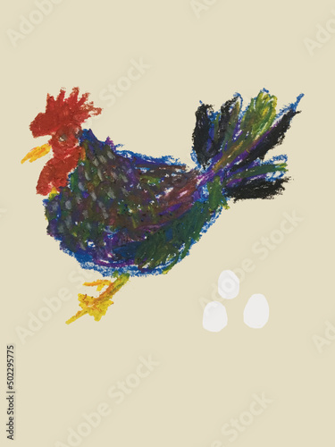 Hand drawing  colorful  crayon chicken with three eggs 