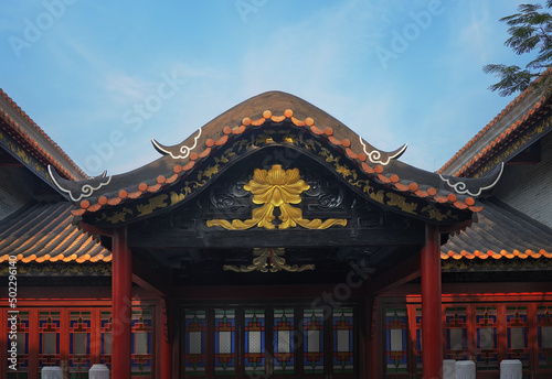 Shunfengshan Park  located at the foot of Taiping Mountain in Shunde District  Foshan City  Guangdong  China. Traditional ornamented pavilion  fragment . 